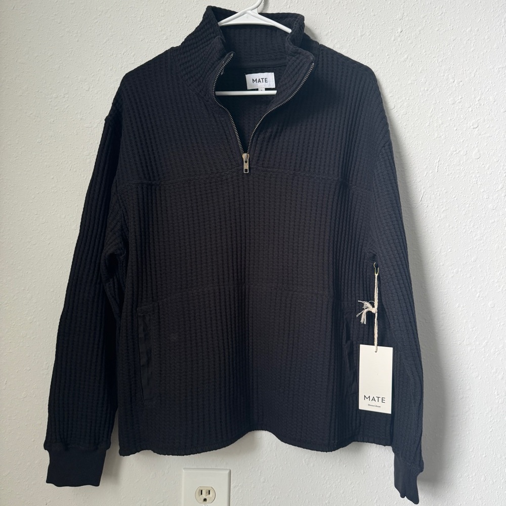 NWT Size S Black Waffle Cable Knit Half Zip Sweatshirt - Mate the Label